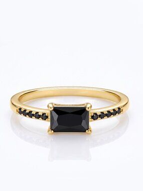 Dainty Gold Ring with Black Gemstone, 925 Sterling Silver, 10k Gold Finish